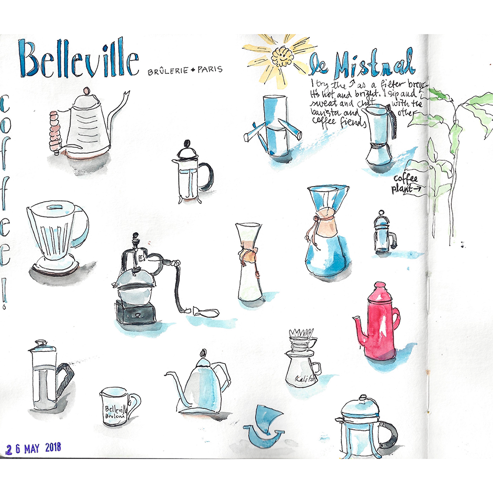 Drawing – A Path to Daily Meditation Class sample- coffee pots illustration with watercolor accents