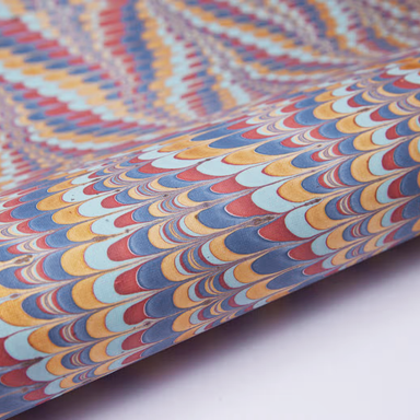Handmade Indian Cotton Paper- Marbled Scallops- blue, red, gold- detail