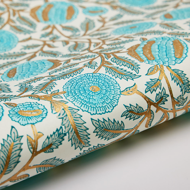 Handmade Indian Cotton Paper- Block Printed Marigold floral pattern with turquoise flowers and gold vines- detail