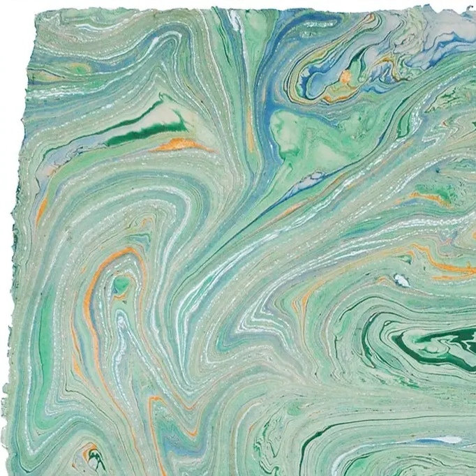 Handmade Marbled Paper- Green and Blue with Silver and Yellow with deckled edge
