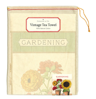 Cavallini & Co. Gardening Tea Towel features plenty of lowers, along with watering cans, a wheel barrow, shovel, and other tools you will need to grow your summer bounty. 