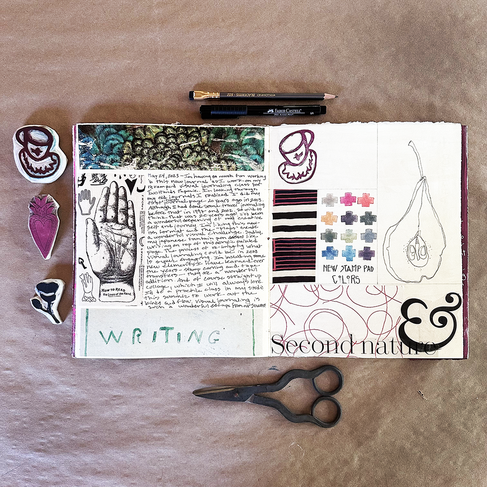 Visual Journaling - Return to the Analog World class sample with collage, drawing, writing, painting, and rubber stamps