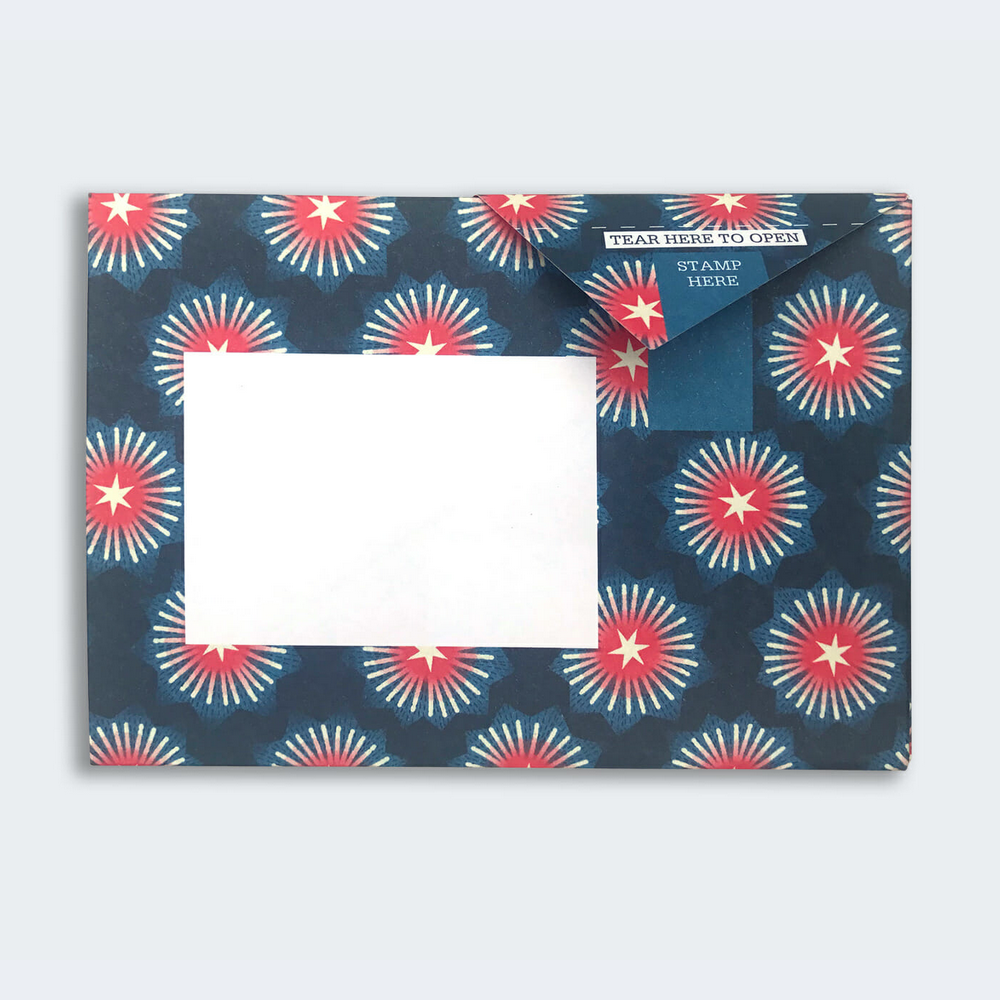 Starburst Pigeon with navy blue background and white starburst with many stars