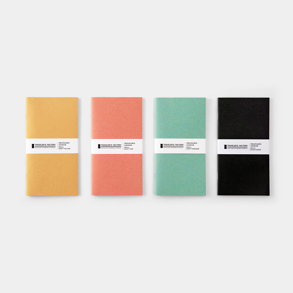 Traveler's Factory kraft notebooks come in black, yellow, turquoise, and pink colored paper. 