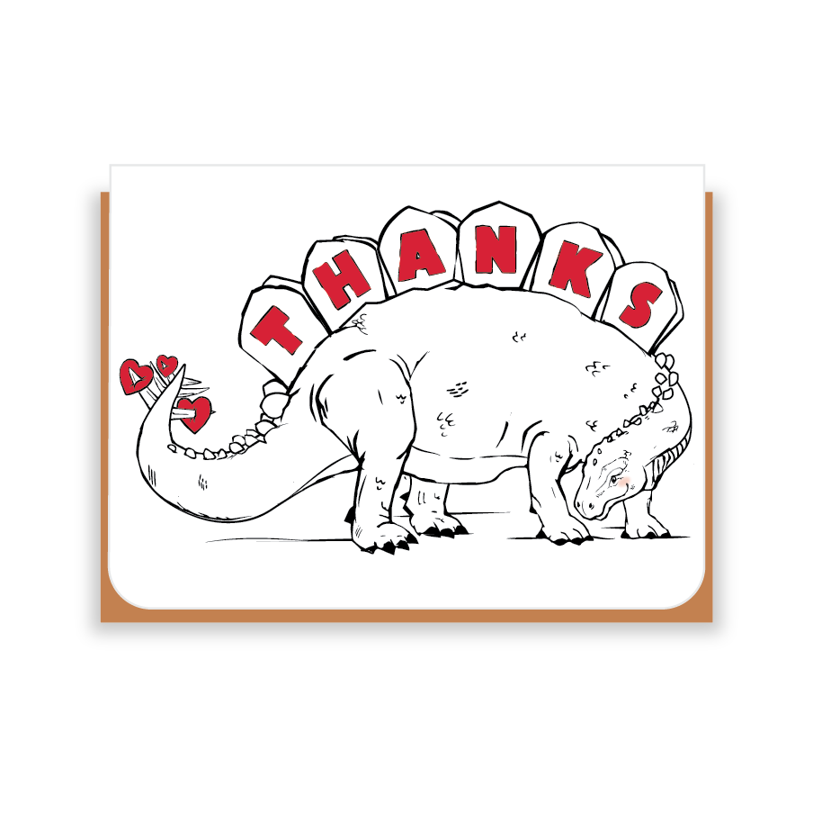 Two Hands Made- Stegosaurus Thank You- single greeting card is blank inside, ready for your own special message. 