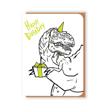 Two Hands Made- Happy Birthday T-Rex wears a green party hat and brings a gift. 