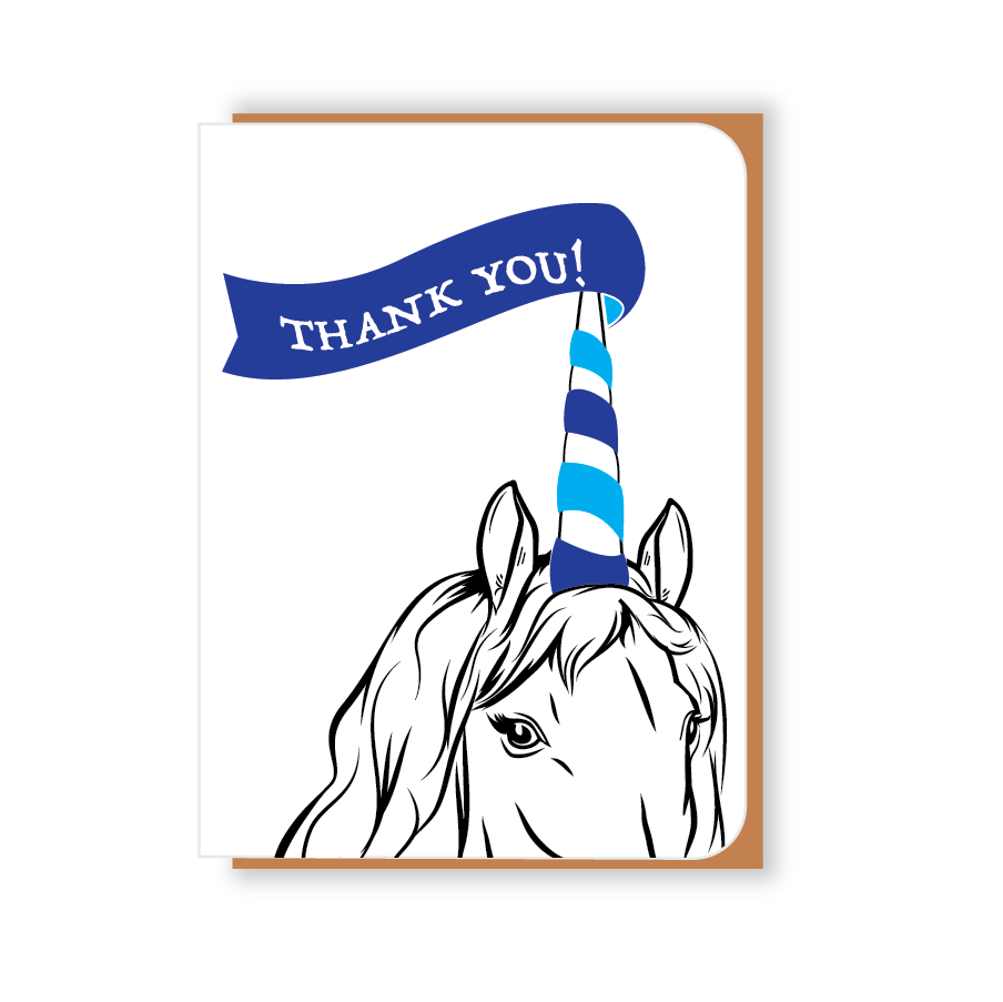 Two Hands Made-Thank You Unicorn with blue banner- single greeting card is blank inside, ready for your own special message