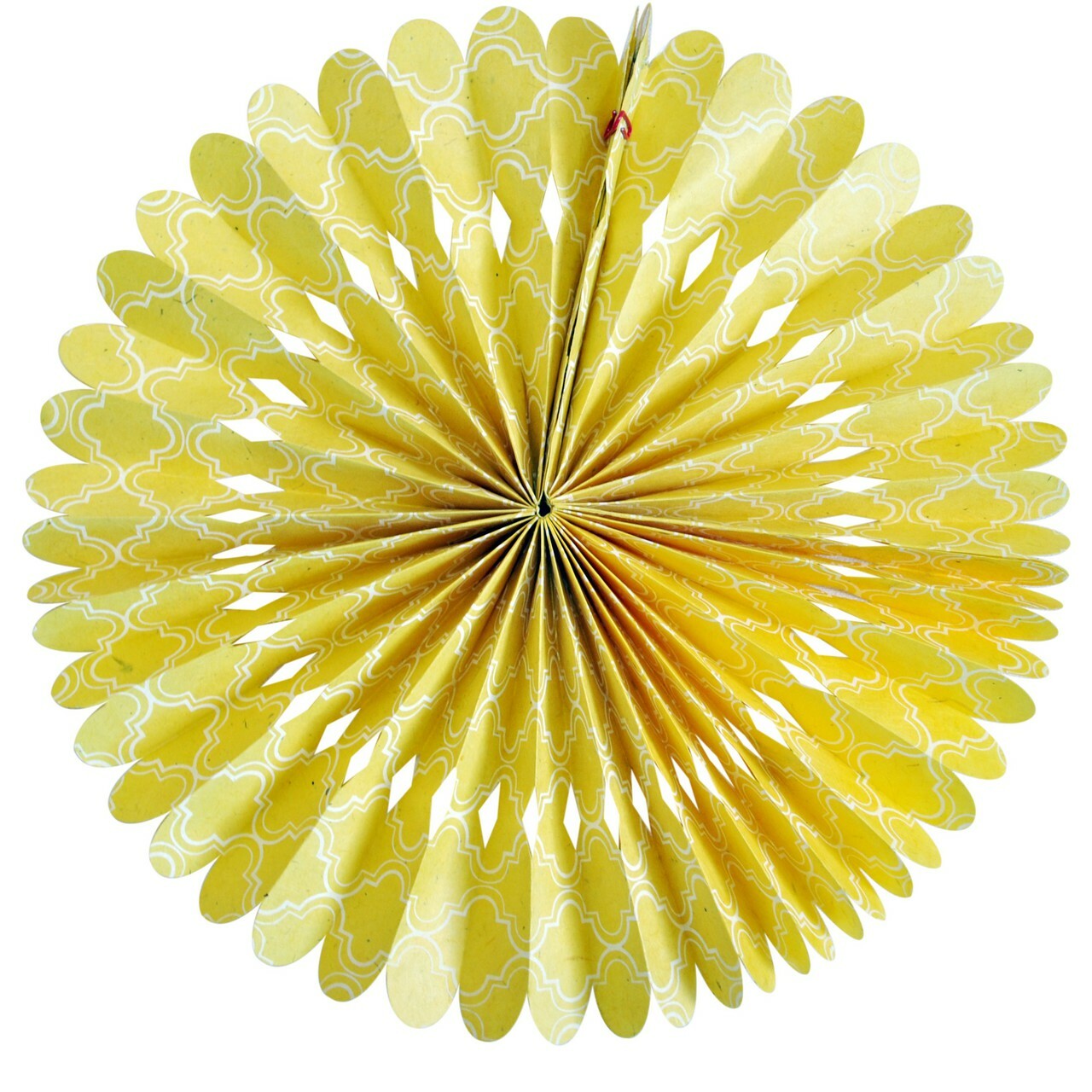 Handmade Lokta Paper Moroccan Yellow Rosette features a decorative white pattern on a yellow rosette.