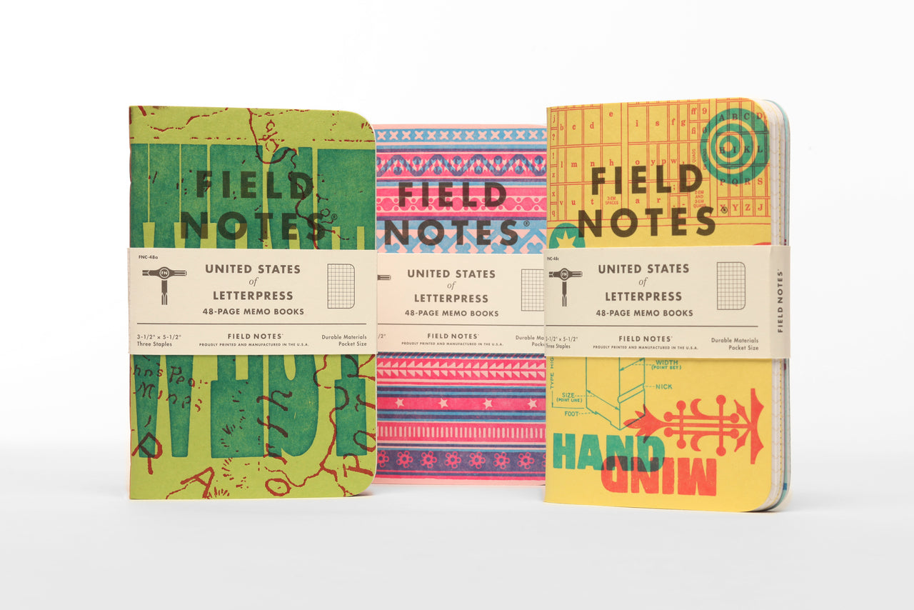 The Field Notes 48th Quarterly Limited Edition for the Fall of 2020 is the “United States of Letterpress,” which features the work of nine independent letterpress shops from across America. 