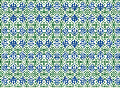 This Rossi 1931 Decorative Letterpress Paper features a repeating pattern of blue and green medallions. 