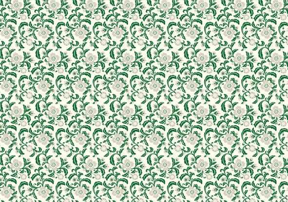 This Rossi 1931 Decorative Letterpress Paper features a repeating pattern of grey and green repeating flowers on a natural cream background.