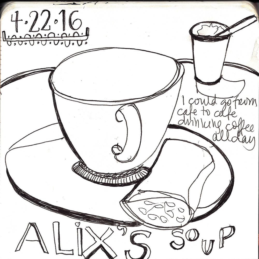 Drawing – A Path to Daily Meditation Online Class sample- "I could go from cafe to cafe" coffee cup sketch.