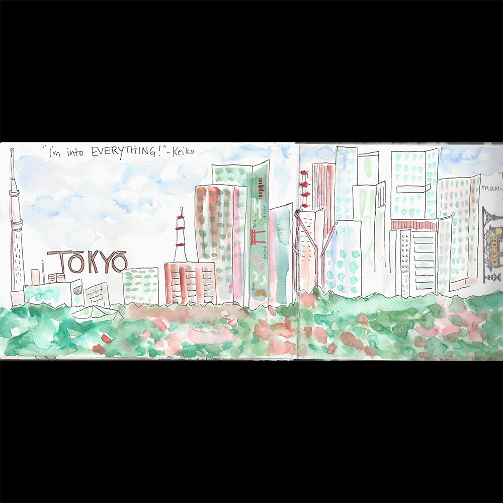 Drawing – A Path to Daily Meditation Online Class samle of Tokyo cityscape with watercolor and text "I'm into Everything."