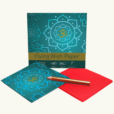 Flying Wish Paper- Golden Om comes with a pencil, 15 red flying wish papers, and five decorative platforms.