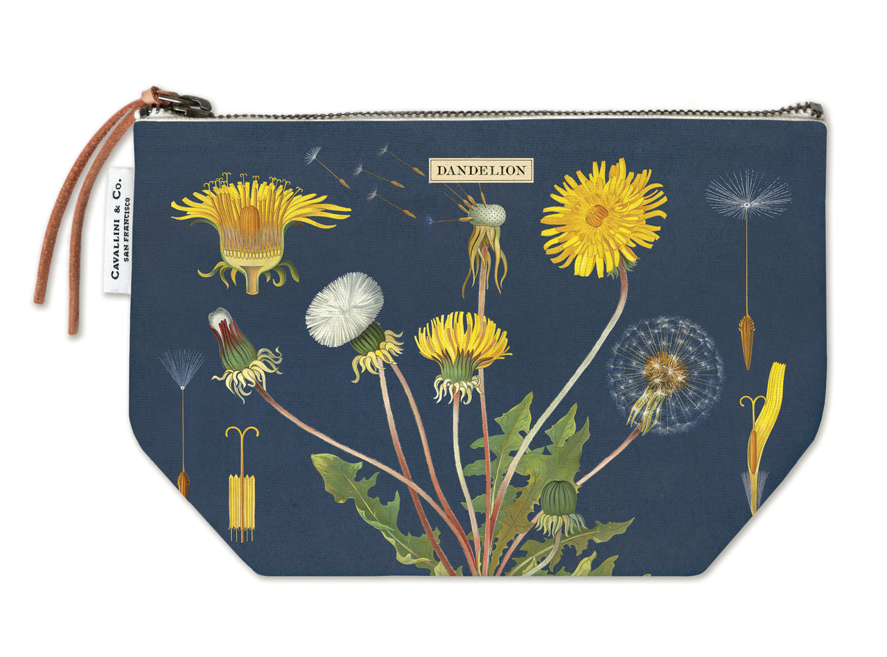 Cavallini & Co. Dandelion Vintage Pouches feature vintage images from the Cavallini archives. 100% natural cotton bags are lined and have gusseted bottoms to stand on their own. 