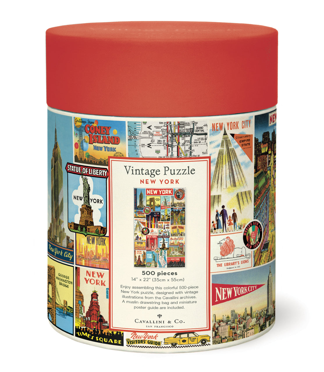 The 500 piece puzzles are packaged in a 6.5 inch long cardboard tube, with puzzle pieces safely stored in a muslin bag inside.