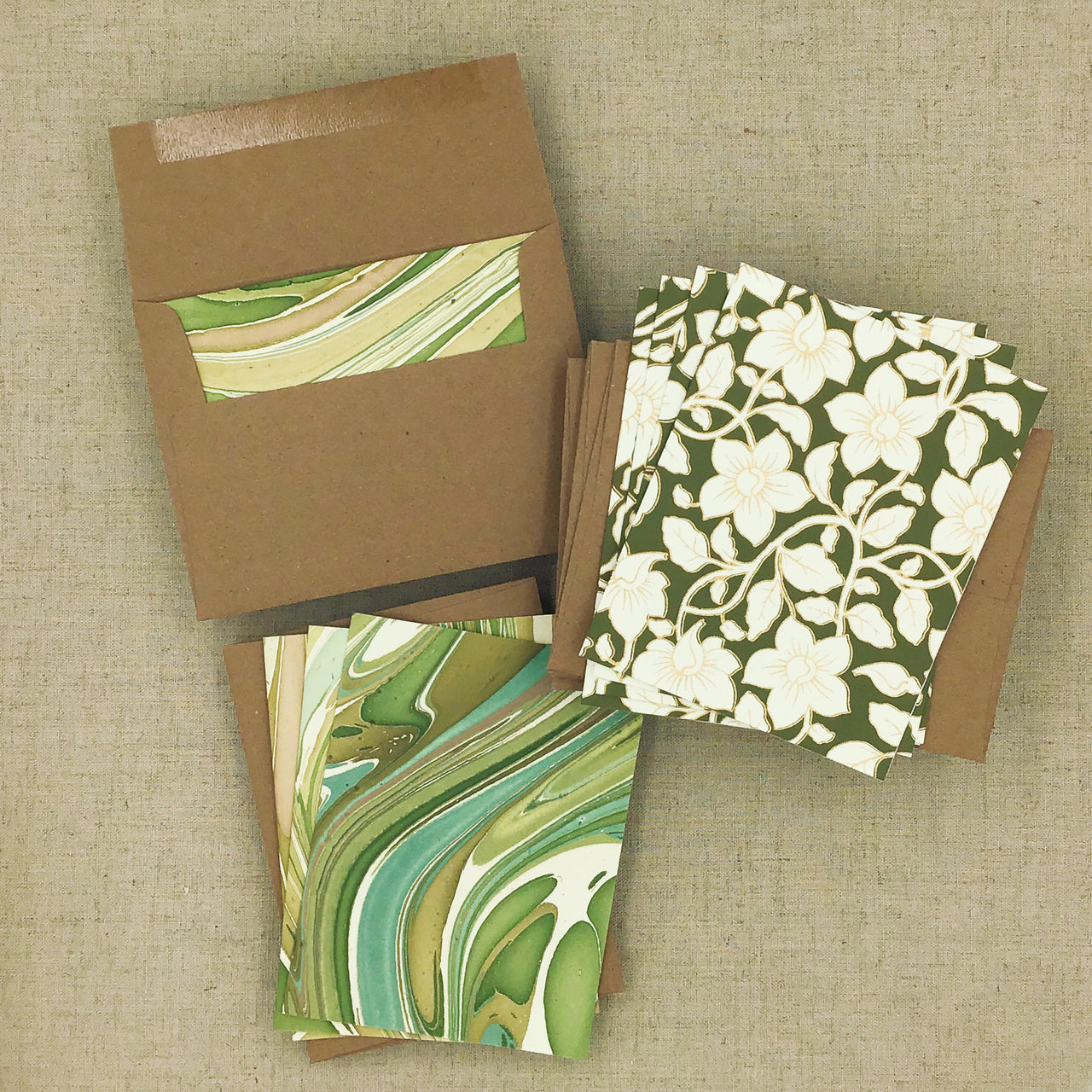 Two Hands Made Recycled Cotton Stationery- Package of 8- Green