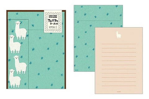 Midori Alpaca Letter Set with Stickers- 4 sheets of paper measuring approximately 4 by 5 1/2 inches, along with four envelopes and alpaca stickers 