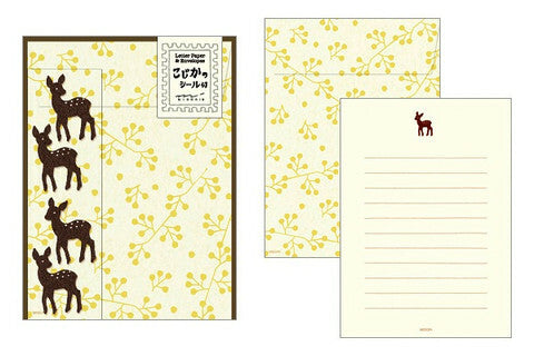 Midori Deer Letter Set with Stickers- 4 sheets of paper measuring approximately 4 by 5 1/2 inches, along with four envelopes and deer stickers for sealing. 