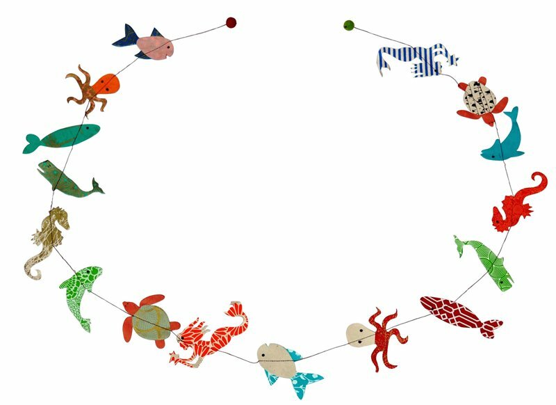 The Handmade Lokta Paper Sea Life Garland features colorful sea creatures- fish, octopods, and sea turtles sewn together by a Nepalese women's cooperative. 
