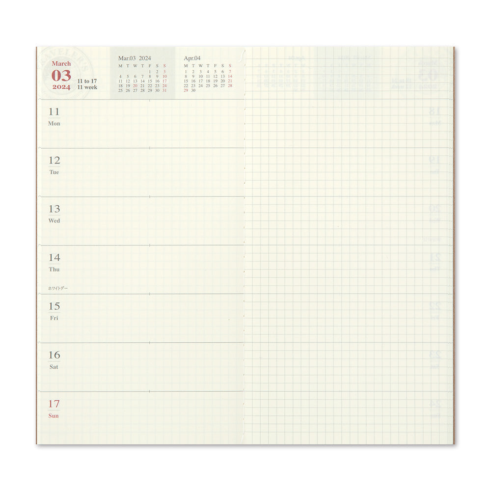 TRAVELER'S notebook Refill- Regular Size- 2024 Weekly Calendar and Memo Diary