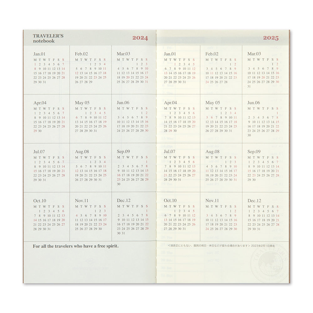 image of TRAVELER'S notebook Refill- Regular Size- 2024 Weekly Vertical Diary yearly calendars