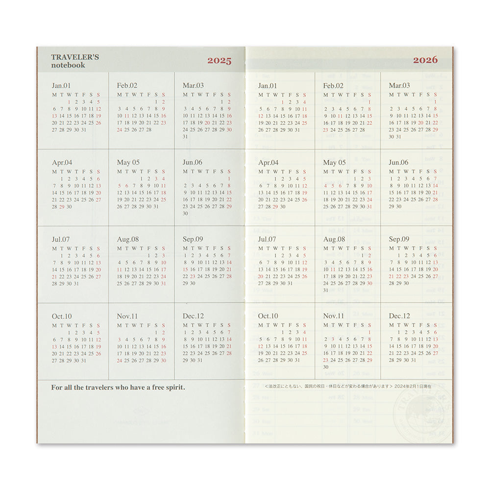 TRAVELER'S notebook Refill- Regular Size- 2025 Weekly Calendar and Memo Diary