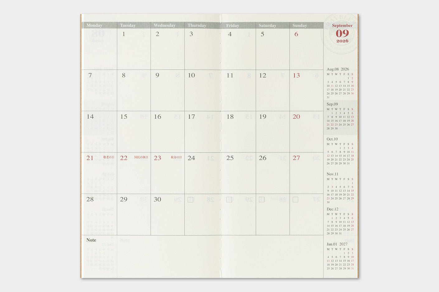 TRAVELER'S notebook Regular Size Refill- 2026 Monthly Diary