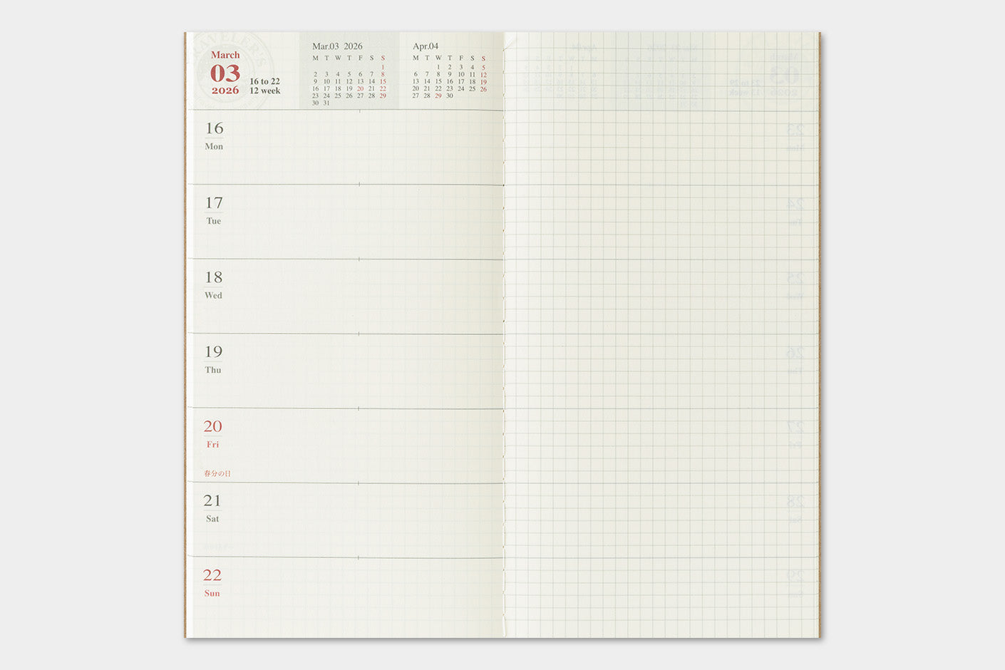 TRAVELER'S notebook Refill- Regular Size- 2026 Weekly Calendar and Memo Diary