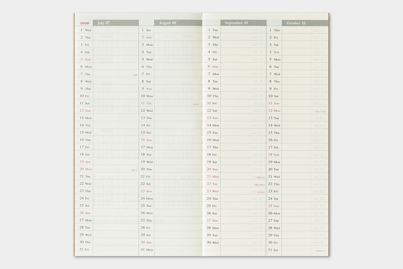 TRAVELER'S notebook Refill- Regular Size- 2026 Weekly Calendar and Memo Diary