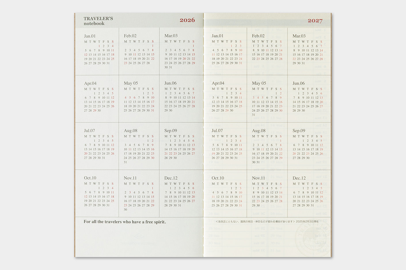 TRAVELER'S notebook Refill- Regular Size- 2026 Weekly Vertical Diary