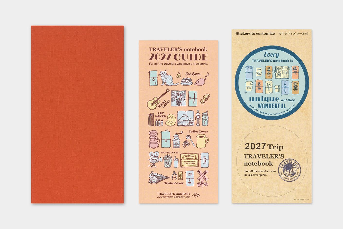 TRAVELER'S notebook Regular Size Refill- 2027 Monthly Diary- showing planner cover, stickers, and guide