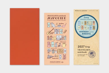 TRAVELER'S notebook Regular Size Refill- 2027 Monthly Diary- showing planner cover, stickers, and guide