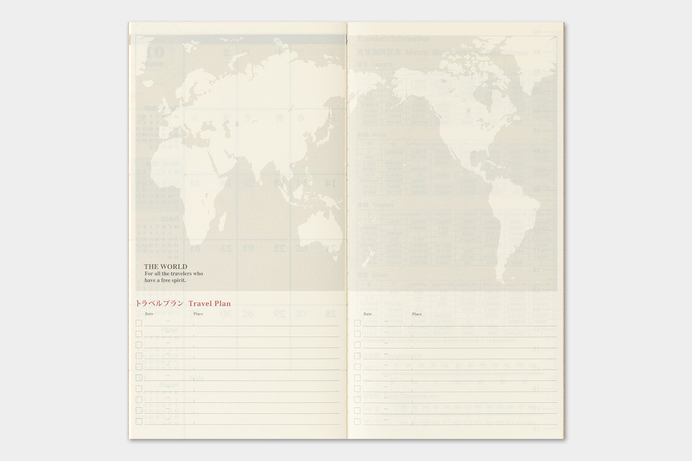 An open travel planner or notebook spread showing a world map on the upper page with lined writing sections and small red headings below, photographed against a light gray background.