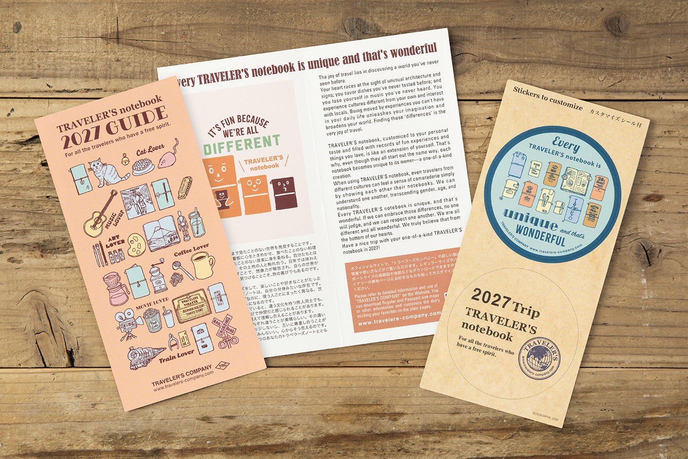 TRAVELER'S notebook Regular Size Refill- 2027 Monthly Diary showing information guide for use, and sticker set