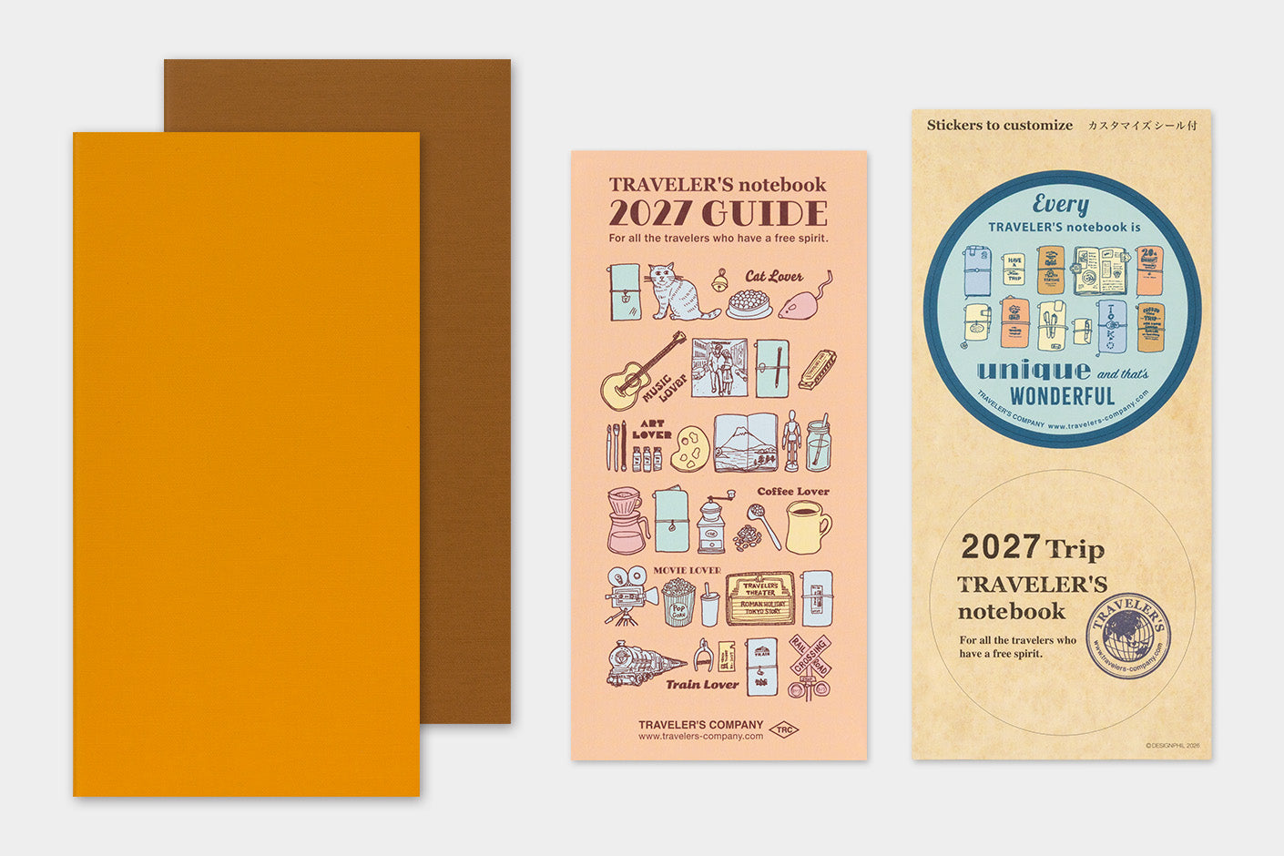 TRAVELER'S notebook Refill- Regular Size- 2027 Weekly Vertical Diary image showing front and back covers, sticker page, and guide.