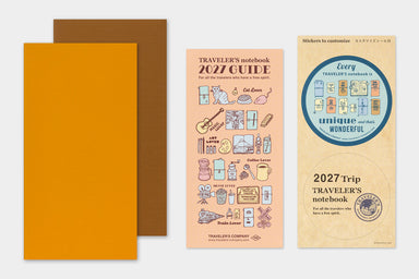TRAVELER'S notebook Refill- Regular Size- 2027 Weekly Vertical Diary image showing front and back covers, sticker page, and guide.