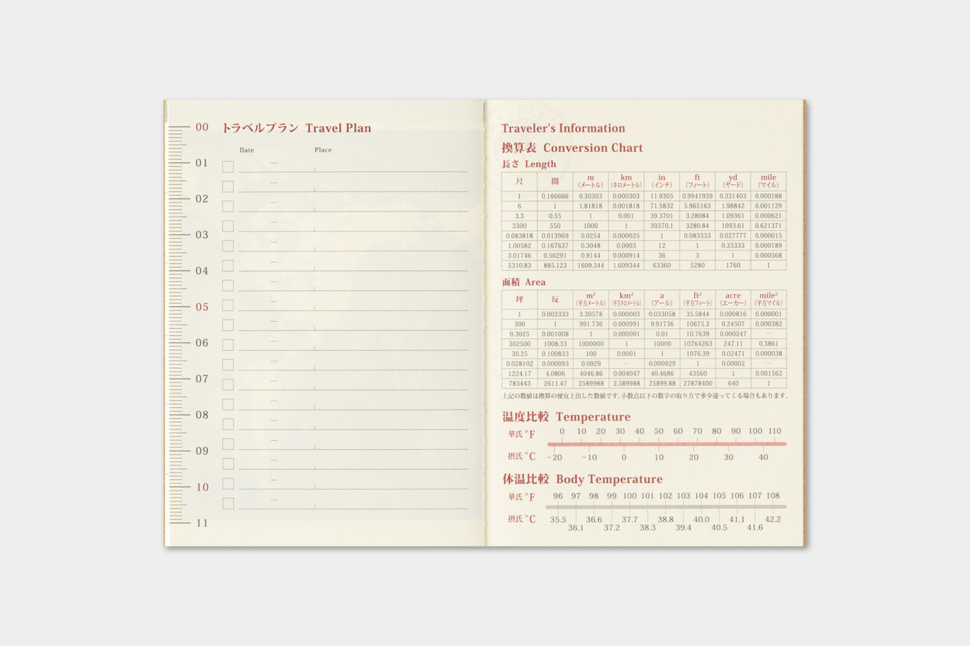 TRAVELER'S notebook Passport Size 2027 Monthly Diary open planner/travel log with two cream-colored pages, featuring red and black printed sections for travel planning, conversion charts, and temperature logs.