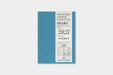 A 2027 weekly traveler's notebook by Traveler's Company, featuring a slate blue cover with a white vertical information wrapper detailing the text and year.