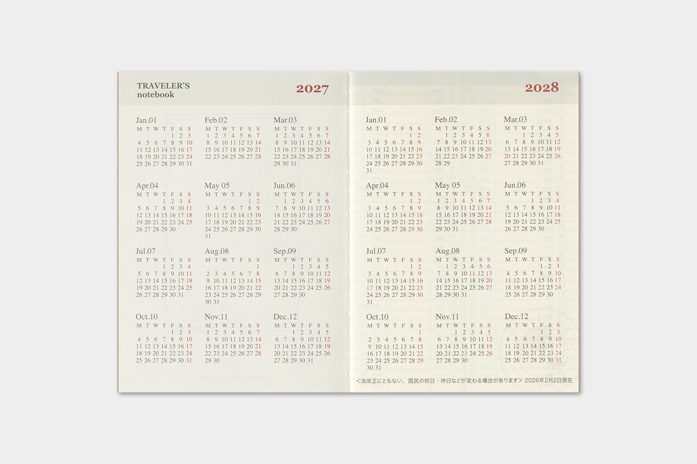 TRAVELER'S notebook Refill- Passport Size- 2027 Weekly Diary year at a glance page with 2027 and 2028