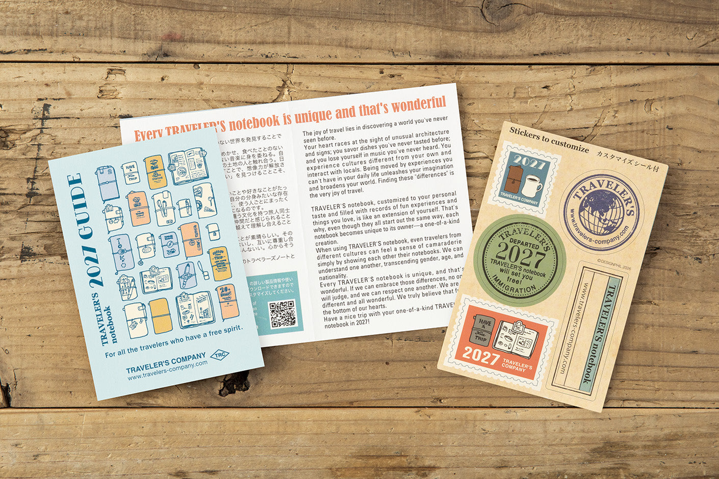 TRAVELER'S notebook Refill- Passport Size- 2027 Weekly Diary showing guide pages and sticker sheet
