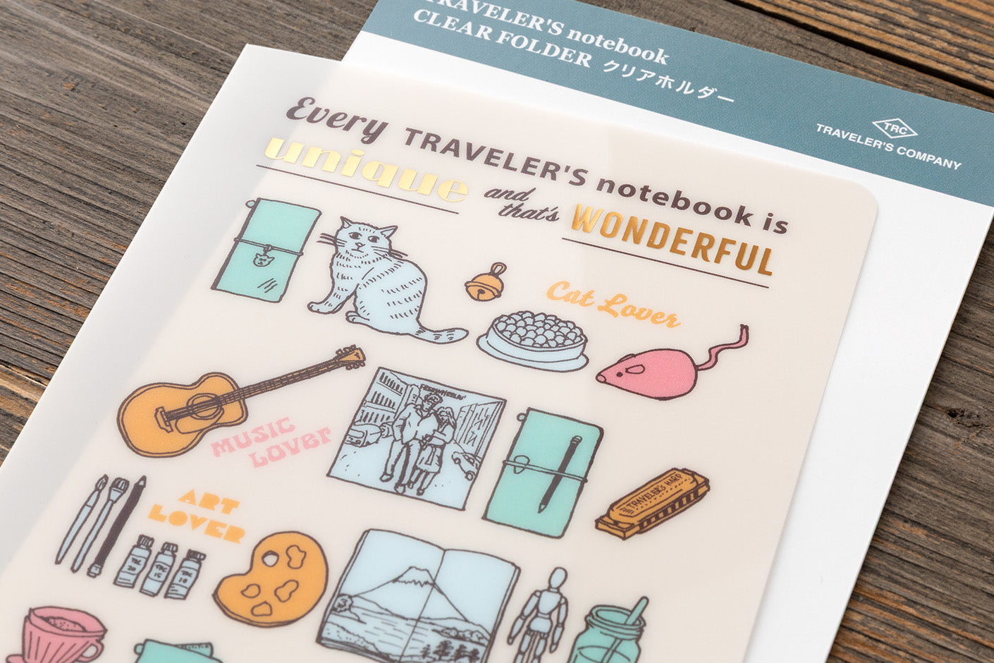 Closeup of TRAVELER'S notebook 2027 Regular Size Clear Folder with packaging in the background