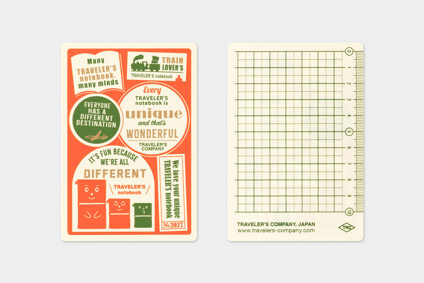 TRAVELER'S notebook 2027 Passport Plastic Sheet images show front and grided back of sheet 