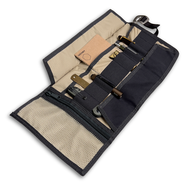 Lochby Tool Roll in black unrolled with tools (not included)