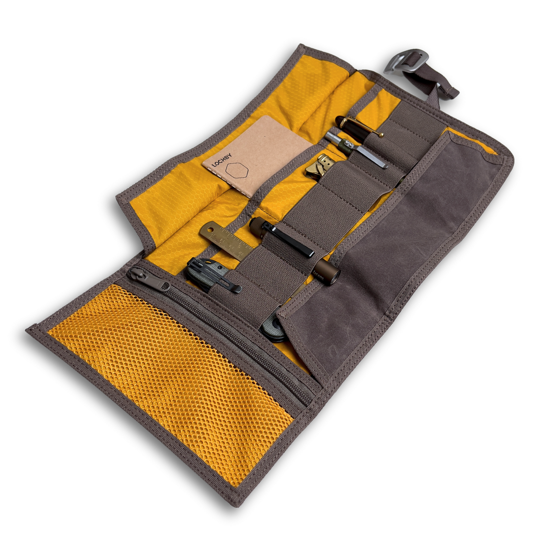 Lochby Tool Roll in brown shown open with tools (not included)