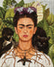 Frida Kahlo puzzle with a monkey, black cat, and butterfly on green leaves- finished puzzle example