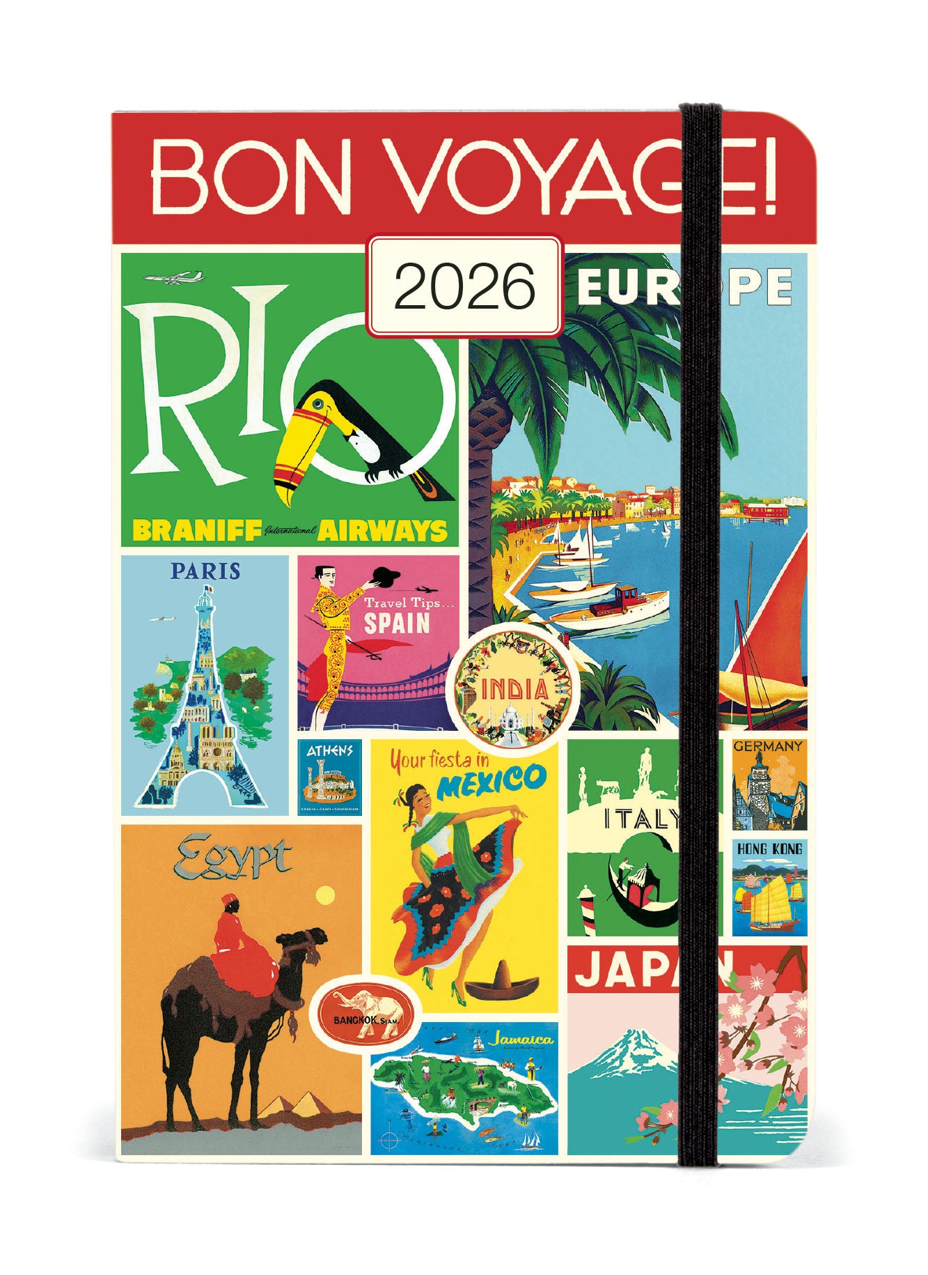 2026 Cavallini & Co. Travel Weekly Planner- cover featrues a multicolored travel theme with 'Bon Voyage!' and 'Europe' text 