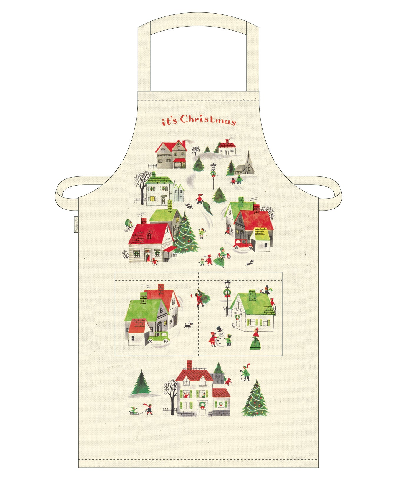 Cavallini & Co. Christmas Village Holiday Cotton Apron-Beige apron with Christmas-themed design of houses and trees on a white background