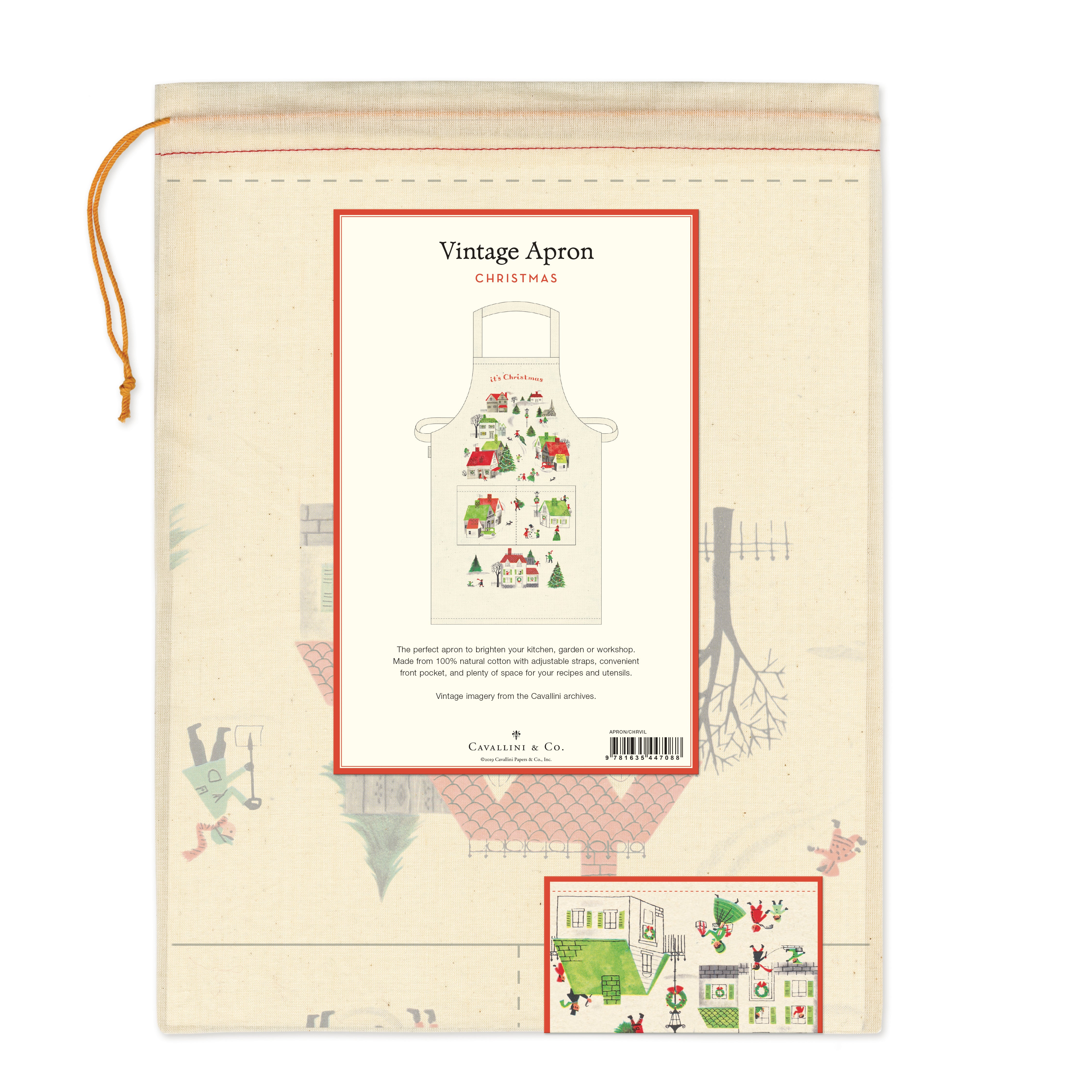 Cavallini & Co. Christmas Village Holiday Cotton Apron packaging back with Christmas design on a white background