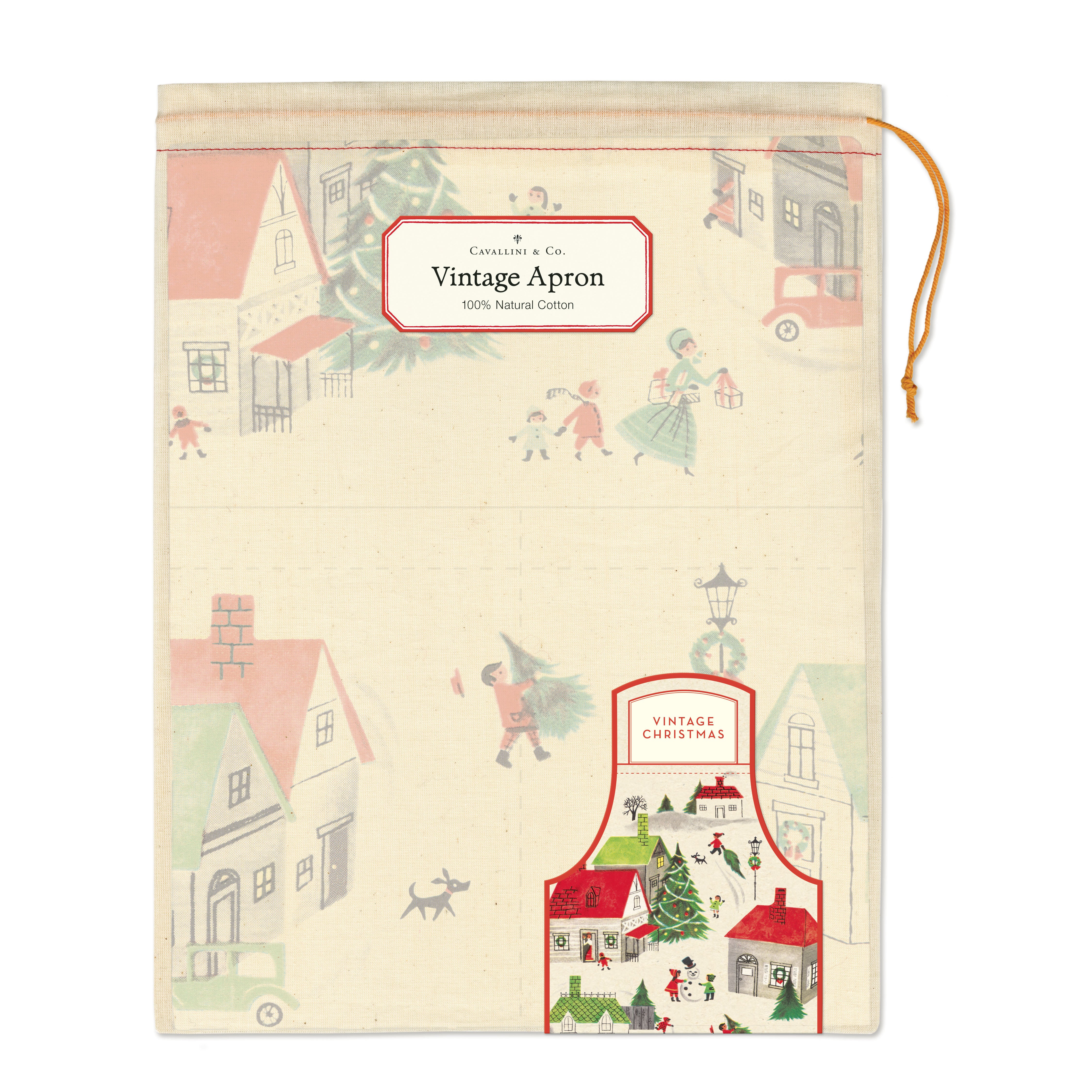 Cavallini & Co. Christmas Village Holiday Cotton Apron packaging with Christmas village design on a white background